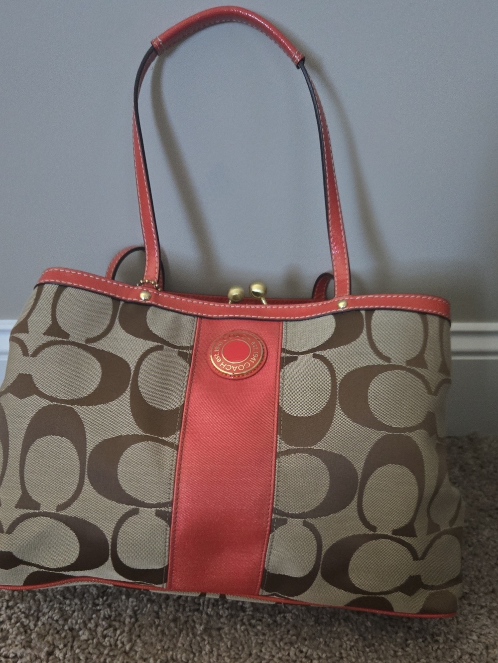 Coach Brown Signature Canvas Tote with Coral Trim